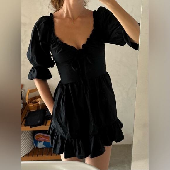 Hill House Samantha Cotton Long 3/4 Sleeve V Neck Ruffle A Line Mini Dress Black - Picture 2 of 11